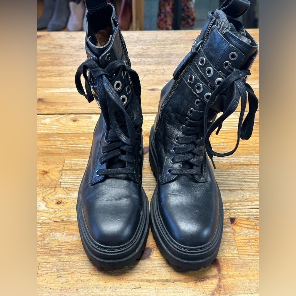 Zara Black Leather Lace Up Biker Ankle Boots - Picture 3 of 3
